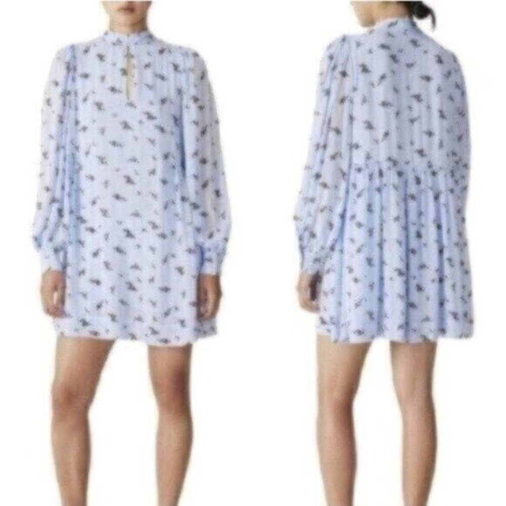 Ganni Georgette Floral Print Light Blue Crepe Mini Dress Size 36/S